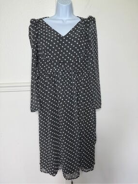 Calvin Klein Black and White Polka Tie-Waist Long Sleeve Midi Dress size 10